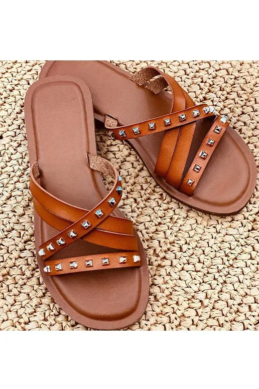 Stylish Cognac Studded Strappy Sandals