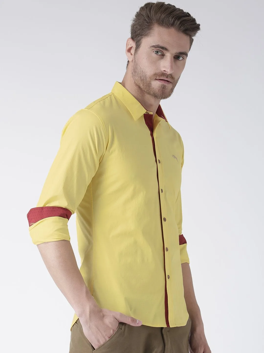 Men Yellow Solid Cotton Regular Fit Shirt