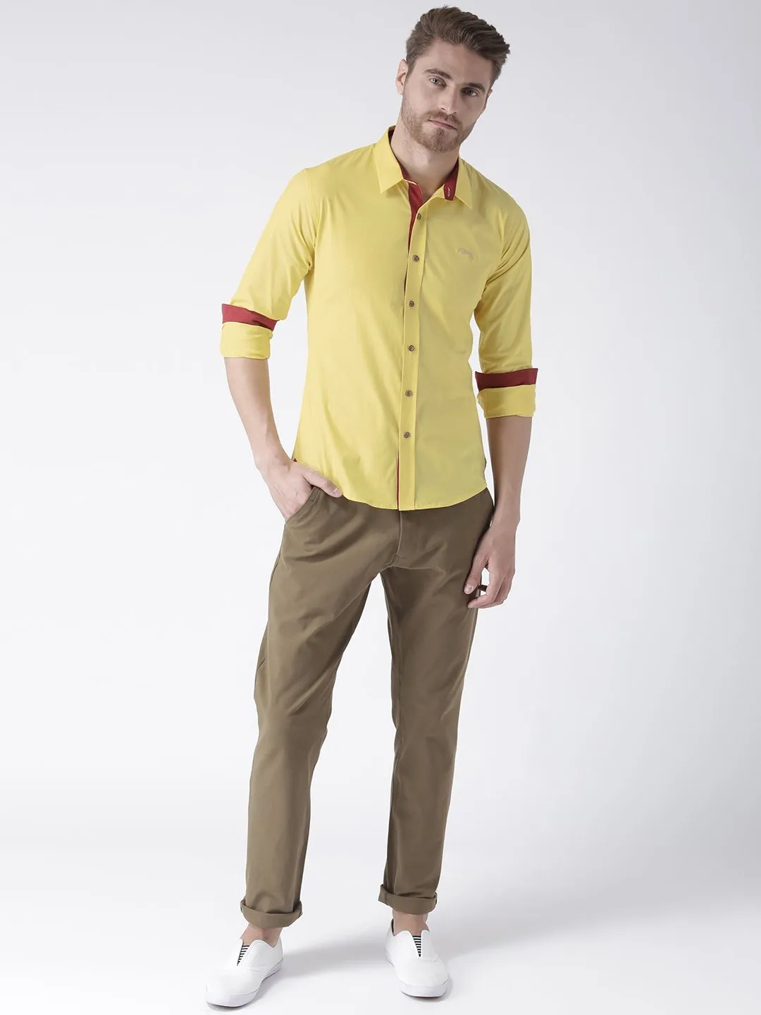 Men Yellow Solid Cotton Regular Fit Shirt