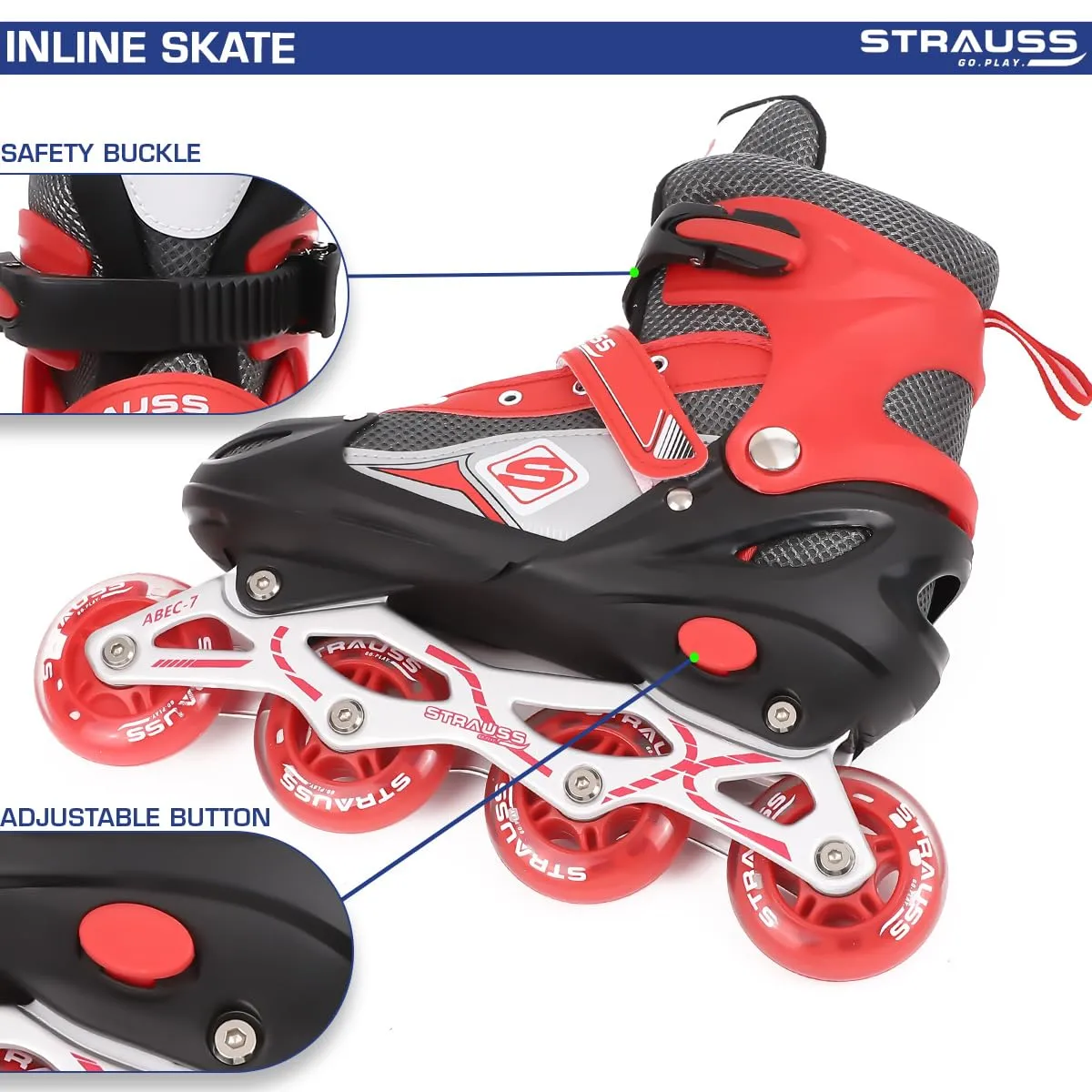 STRAUSS Vortex Adjustable Size Inline Skates | Skating Shoes for Boys & Girls | 4 Wheels |Beginner-Friendly Skating Shoe | Adjustable Roller Blades | Enhanced Stability and Support| Size L,(Red)