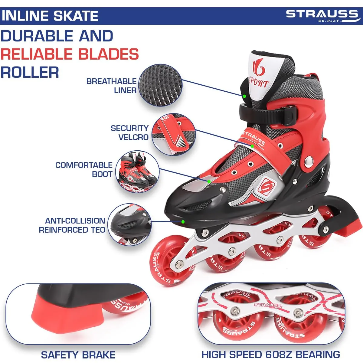 STRAUSS Vortex Adjustable Size Inline Skates | Skating Shoes for Boys & Girls | 4 Wheels |Beginner-Friendly Skating Shoe | Adjustable Roller Blades | Enhanced Stability and Support| Size L,(Red)