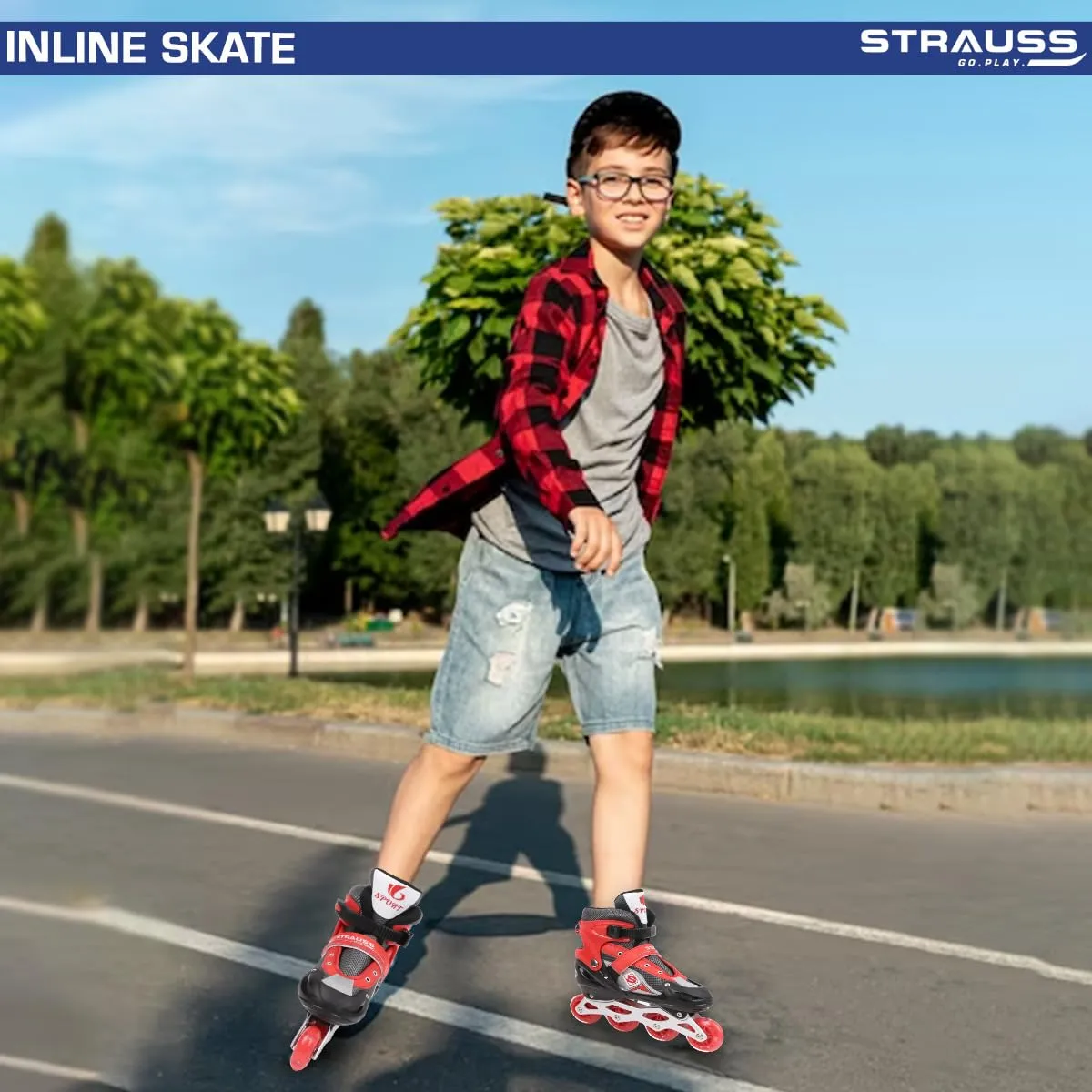 STRAUSS Vortex Adjustable Size Inline Skates | Skating Shoes for Boys & Girls | 4 Wheels |Beginner-Friendly Skating Shoe | Adjustable Roller Blades | Enhanced Stability and Support| Size L,(Red)