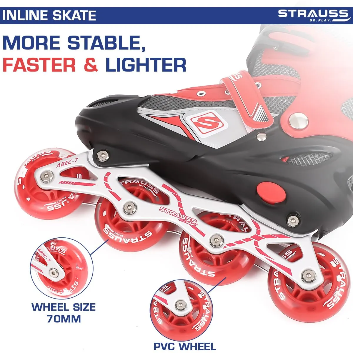 STRAUSS Vortex Adjustable Size Inline Skates | Skating Shoes for Boys & Girls | 4 Wheels |Beginner-Friendly Skating Shoe | Adjustable Roller Blades | Enhanced Stability and Support| Size L,(Red)